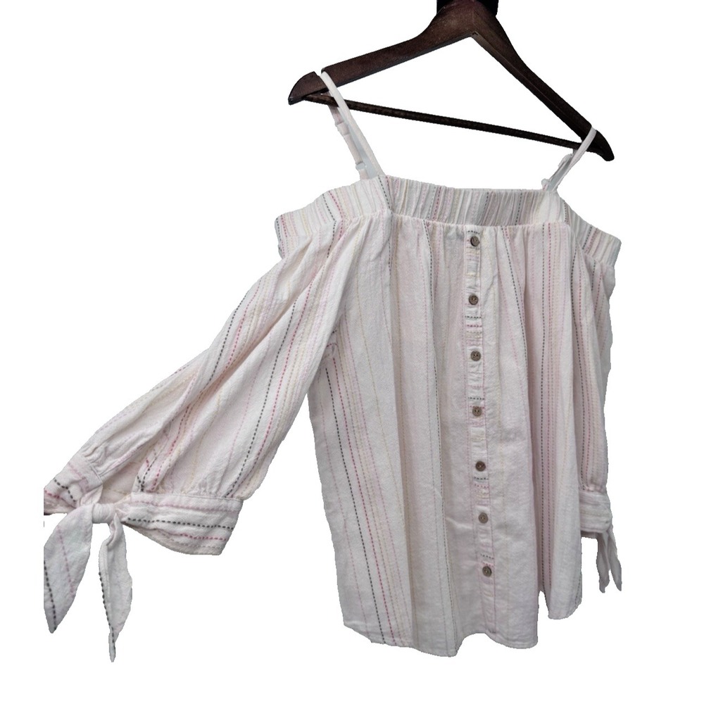 IZ Byer Ivory Off The Shoulder Striped Blouse‎ 2X bow sleeve beach resort vaca